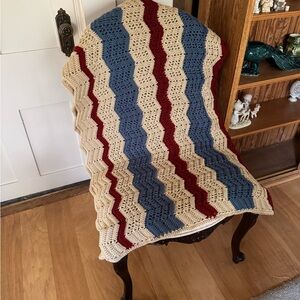 Handmade Afghan Blanket in Red, Blue, and Cream